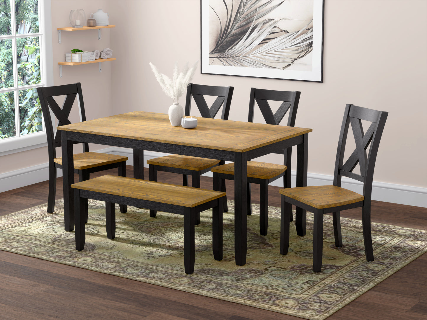 Arlington 6 Pc Dining Table + 4 Chairs + Bench, Brown/Black